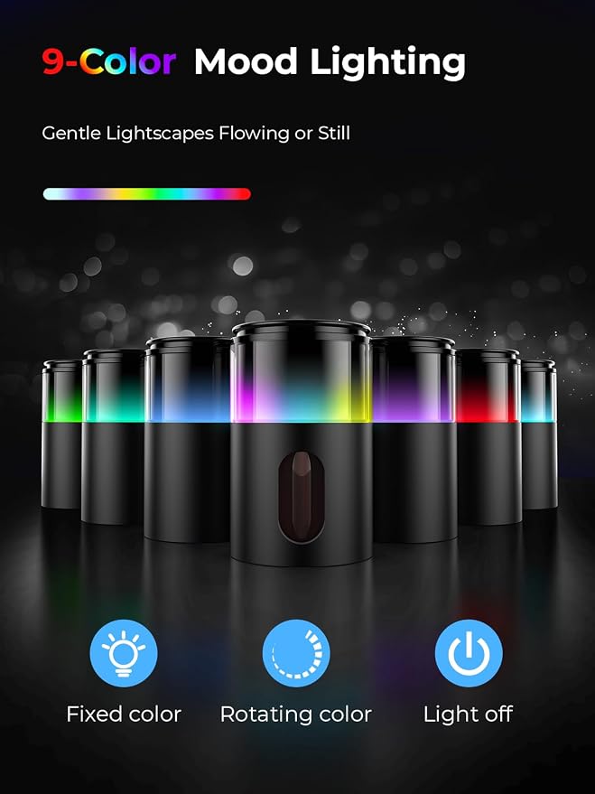 Waterless Essential Oil Diffuser: 𝟗-𝐂𝐨𝐥𝐨𝐫 𝐋𝐄𝐃 for Home | Portable Scent Diffuser - No Water No Heat For Pure Aroma - 48H Battery 3 Mist Levels & 4 Timers for Car Office