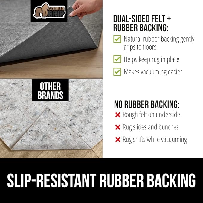 GORILLA GRIP Felt and Natural Rubber Stay in Place Slip Resistant Rug Pad, 1/8in Thick, 9x12 FT Protective Padding Under Area Rugs, Cushioned Gripper Pads, Carpet Runners, Hardwood Floors Protection