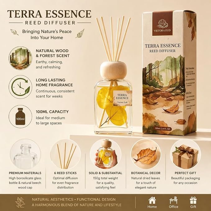 Terra Essence Reed Diffuser with Dried Leaves, 3.4 Fl Oz | Earthy wood and forest scent with real dried-leaf decor; long-lasting Air Fresheners for living room, bathroom or office.