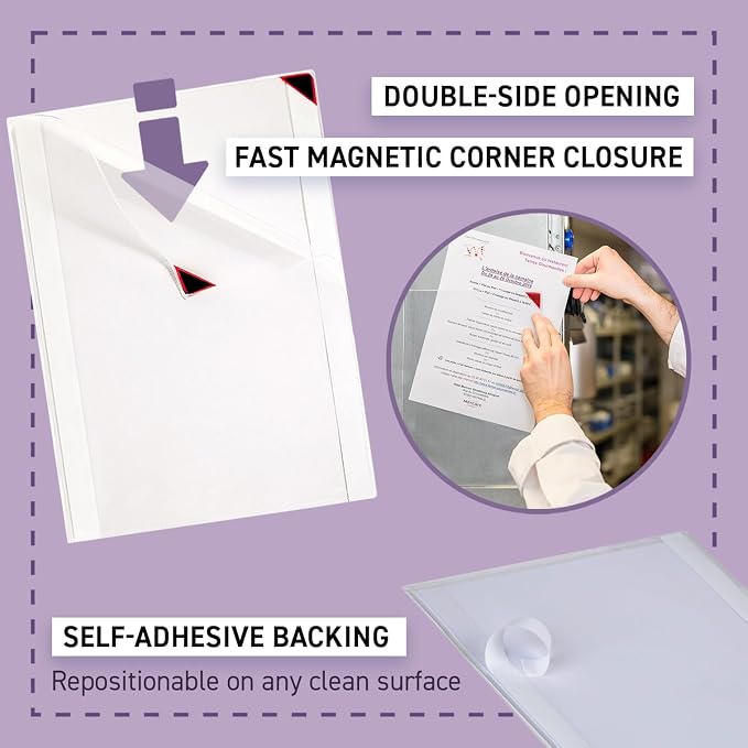 Tarifold Self-Adhesive Sign Holders, Letter Size, 5 Pack | 5 clear non-glare PVC holders, repositionable adhesive, magnetic corner closure, portrait or landscape, letter-size documents