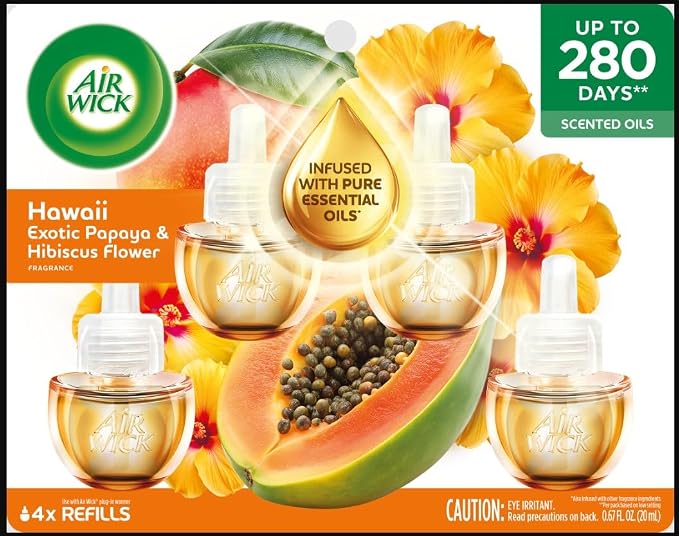 Air Wick Vibrant Plug-In Scented Oil Refills, 3 Count, Hawaii Exotic Papaya & Hibiscus Flower, Air Freshener, Essential Oils, Eco Friendly