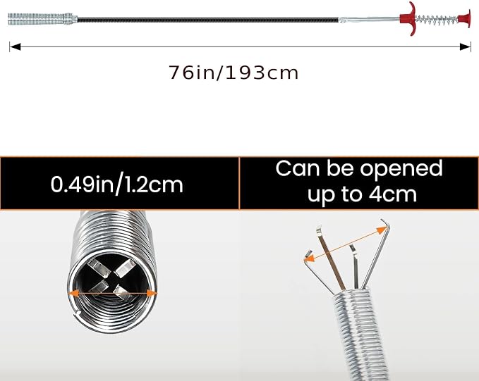 Drain Hair Remover Tool, 76-Inch Flexible Drain Snake with 4-Claw Grabber - Long Reach Clog Remover for Shower, Bathtub & Sink
