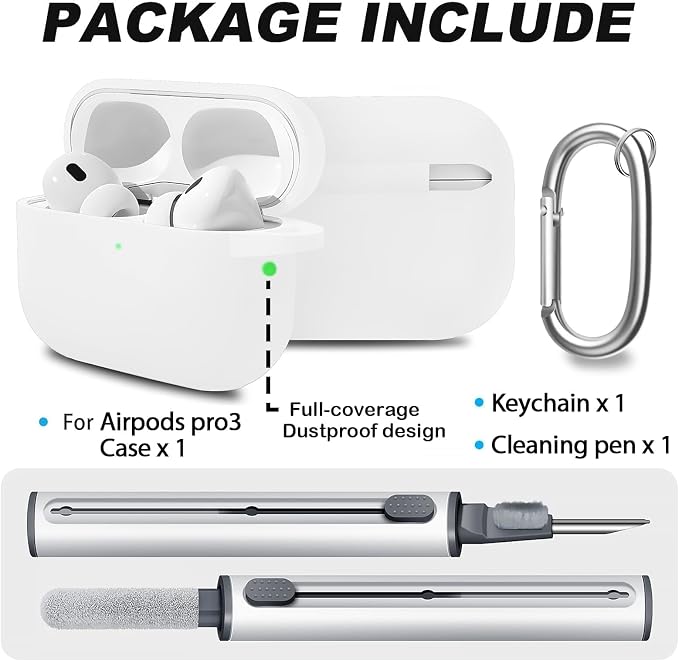 Full-Coverage dustproof Design for AirPods Pro 3 Case Cover with Cleaner Kit, Soft Silicone Cover for AirPods Pro 3rd Generation Comes with Keychain,Suitable for 3rd Generation Case,White