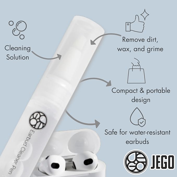 JEGO Earbud Cleaner Pen – The Only One with Liquid Cleaning Solution - with Brush Tip - Ideal for Earbuds & in-Ear Headphones - Compact & Portable Earbud Cleaning Kit - 2.8 ml Solution