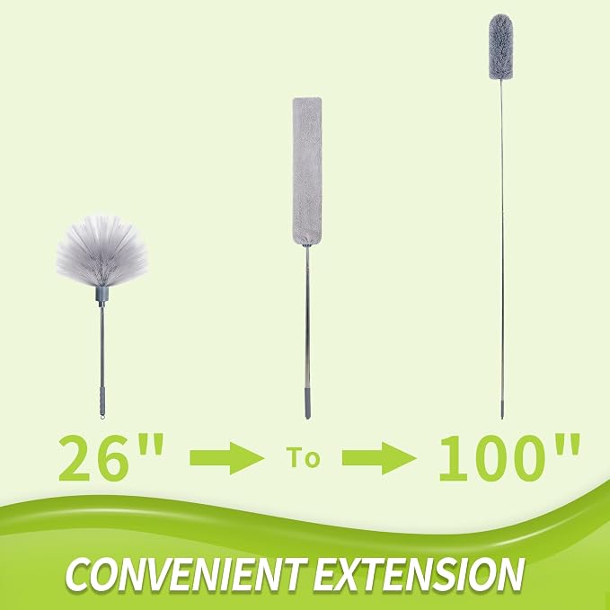 IVYROLL Under Appliance Cleaning Tool with Extension Pole | Skinny Duster & Spider Web Brush & Ceiling Cleaner, 100" Microfiber Feather Cleaner with Washable Head for Fan Furniture Wall