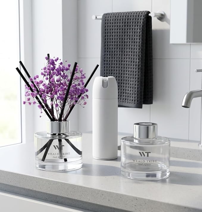 Flower Reed Diffuser Set Lavender Scent for Bathroom Accessories Shelf Decor & Air Fresheners, Sticks Defusers with 5.1 fl oz Essential Oils & Leaves, House Bedroom Office Decor & Gifts