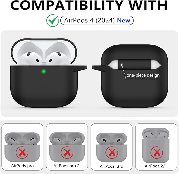 Ljusmicker for AirPods 4 Case 2024 with Cleaner Kit,Soft Silicone Protective Cover for Apple AirPods 4th Generation Cases for Women Men,Compatible with AirPod 4 Case Accessories with Keychain-Black
