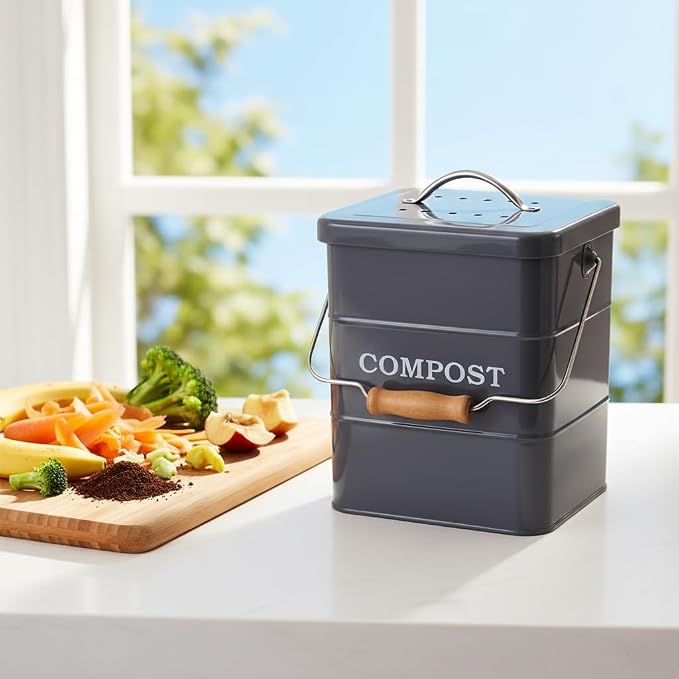 Compost Bin Kitchen Countertop Indoor Compost Pail Bucket, Great for Food Scraps, Carbon Steel, Handles, Gray, 1 Gallon - Includes Charcoal Filter