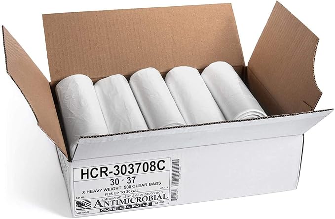 Aluf Plastics HCR-303708C High Density Star Sealed Coreless Roll Bags, 30 gal, Polyethylene, 30" x 37", Clear (1 Pallet of 100 Packs, 50000 Count Total)