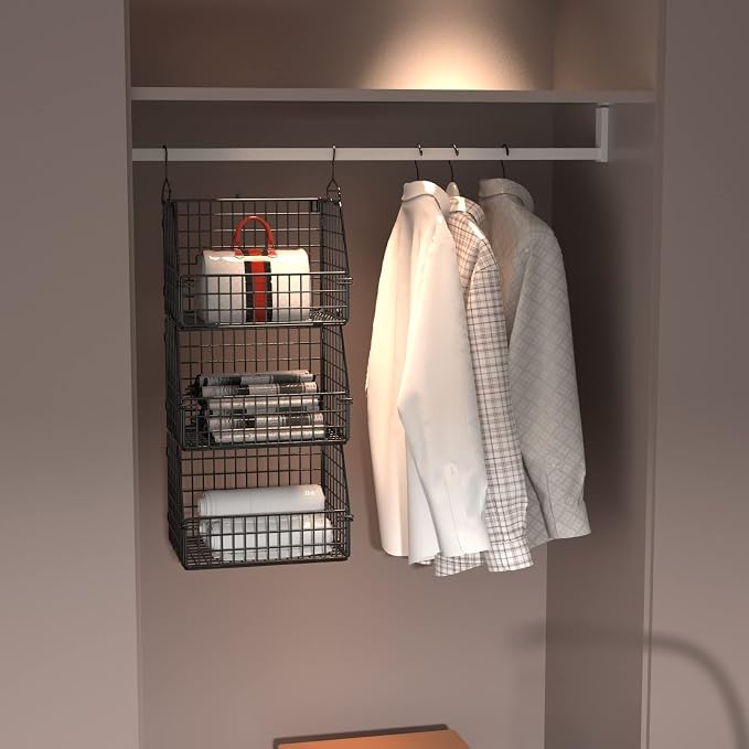 PUPPYCUTE Stackable Wire Storage Baskets for Kitchen Closet Pantry, Hanging Closet Organizers Storage Shelves Organization, Wall Mount Metal Basket Bins, Clothing Vegetable & Fruit Organizer 3 pcs