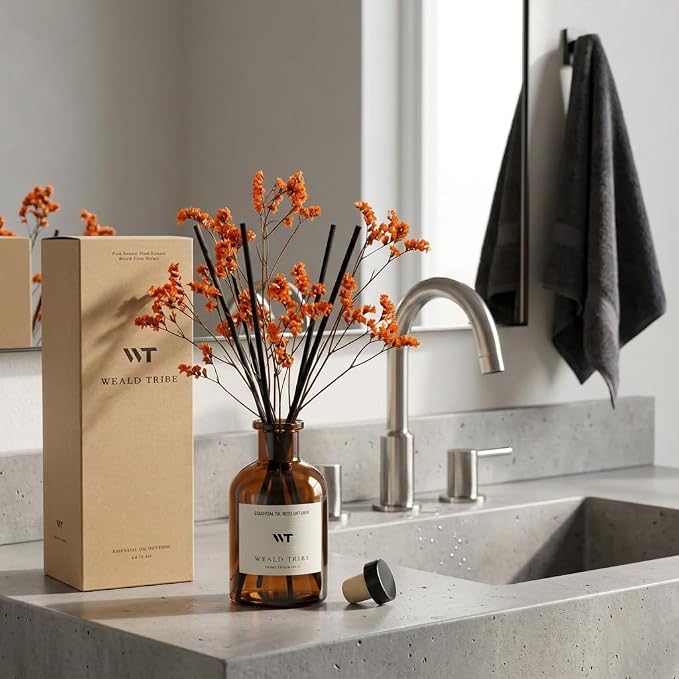 Flower Reed Diffuser Set Neroli Scent for Bathroom Accessories Shelf Decor & Air Fresheners, Sticks Defusers with 4.0 fl oz Essential Oils & Leaves, House Bedroom Office Decor & Gifts