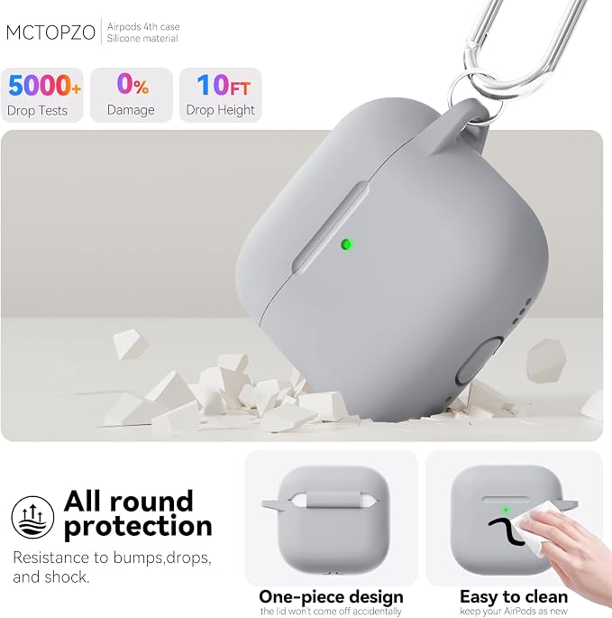 for AirPods 4 Case 2024 with Cleaner Kit & Keychain-Light Grey | Silicone Protective Cover for Apple AirPods 4th Generation Case,for Women Men,One-Piece Design,Shockproof,Dust Proof
