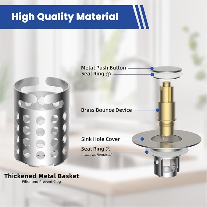 2PCS Universal Bathroom Sink Drain Strainer Hair Catcher, Brushed Nickel | Upgraded with Removable Stainless Steel Filter Basket, 3 in 1 Pop Up Sink Stopper for 1.1''~2.36'' Sink Basin Hole