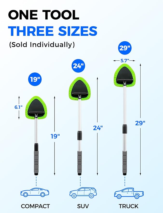XINDELL Interior Windshield Cleaner Tool – Car Interior Window Cleaning Kit with Extendable Handle & 4 Microfiber Pads, Auto Wiper Inside Compact Windshield Brush for Car & Home Windows