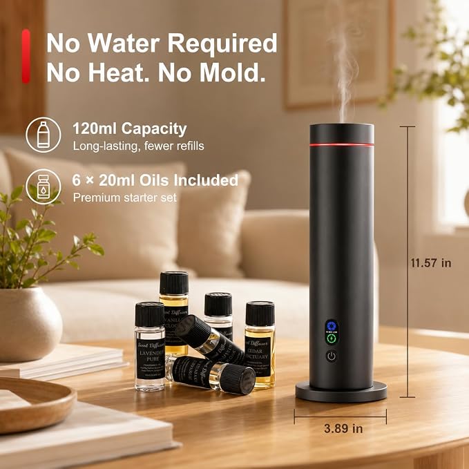 Waterless Essential Oil Diffuser, Metal Scent Diffuser, Black | Includes 6 essential oils, AC powered, 1000 sq.ft coverage for home, office & hotel, aluminum alloy body, remote control