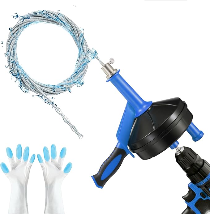Drain Auger, Clog Remover with Drill Adapter, 25 Feet Flexible Plumbing Snake Use Manually or Powered for Kitchen, Bathroom and Shower Sink, Comes with Gloves (blue)