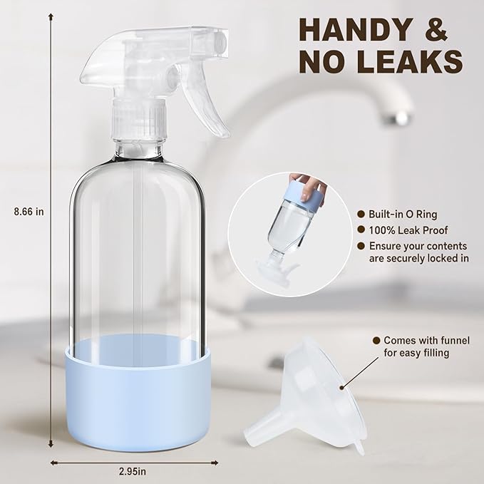 Glass Spray Bottles with Silicone Sleeves (2 Pack, 16 oz), Mist and Stream Empty Refillable Containers, Water Sprayer Misting Bottle for Cleaning Solutions, Planting, Hair Spraying, Green & Grey