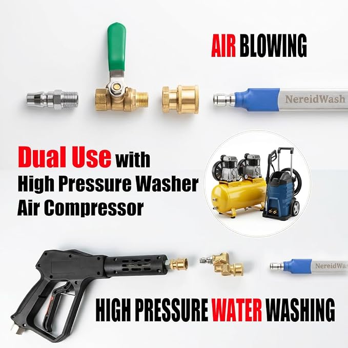 Car Radiator Cleaning Wand, Dual-Use 24‘’ Water&Air Flush Cleaning Tool Max 4500PSI Pressure Washer Wands For Car Truck RV Radiator Gutter, Jetter Nozzle Flat Wand With Angles Coupler
