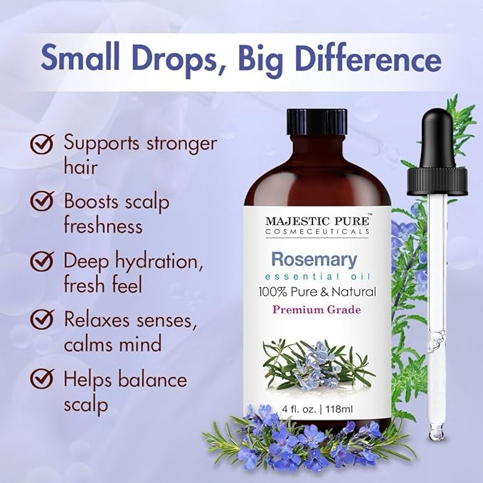 Majestic Pure Essential Oil with Glass Dropper - 100% Pure and Natural - Essential Oils for Diffuser, Aromatherapy, Soap and Candle Making, Rosemary Essential Oil, Rosemary Oil, 4 Fl Oz
