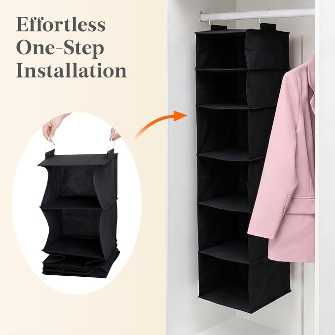Lifewit 6 Tier Hanging Portable Closet Storage Organizer for Shelves, Black | Foldable Clothes Shelf with 2 Sturdy Hooks, Sweater/Coat/Shoes Clothing Organization for Wardrobe, Dorm, Bedroom