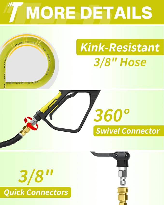 Pressure Washer Hose 150FT 3/8" for Cold and Hot Water 212°F, with Swivel Quick Connect, 4500PSI Kink Resistant Grade Steel Wire Braided, Power Washer Hose With 2pcs M22-14mm Adapter