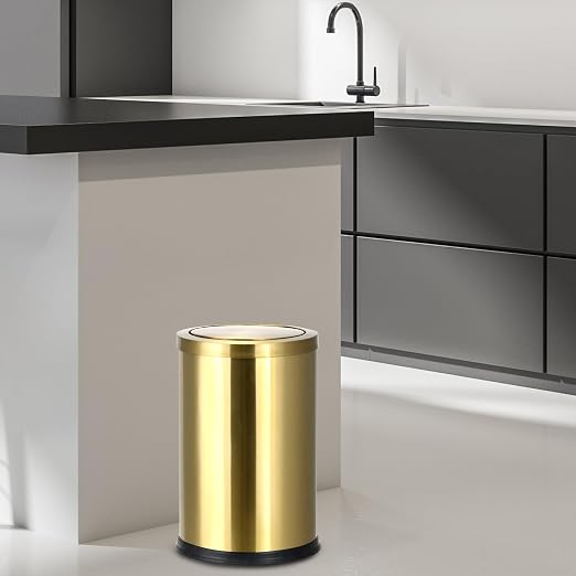 QWORK Antique Gold Trash Can, 2.4 Gallons Stainless Steel, Waterproof, Rustproof with Swing Lid