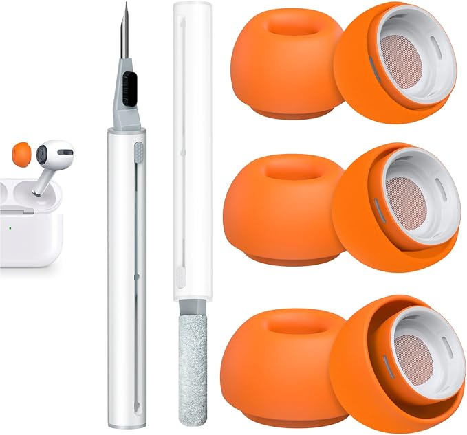 3 Pairs Replacement Ear Tips for AirPods Pro 2nd & 1st(S/M/L, Orange) | with Noise Reduction Hole, Silicone Ear Tips with Cleaning Pen & Portable Storage Box, Fit in the Charging Case