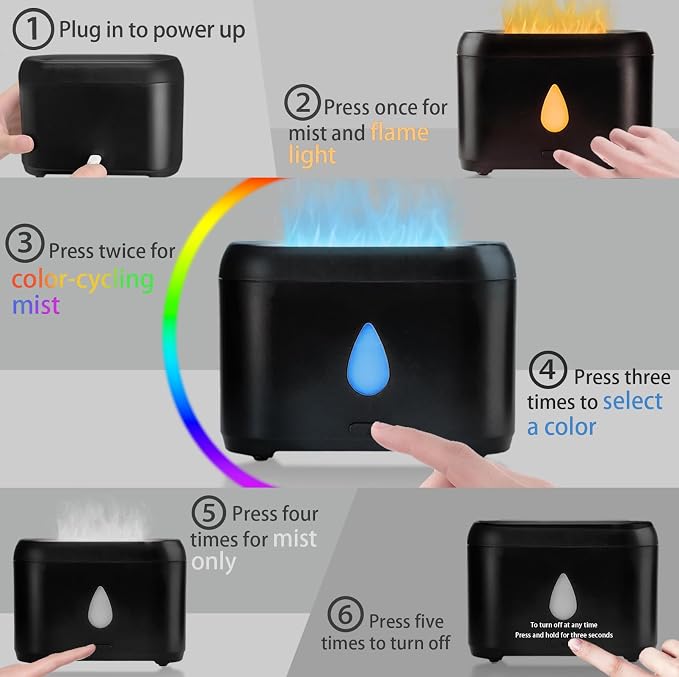 Flame Diffuser for Essential Oils, 200ml Ultrasonic Aroma Diffusers with Cool Mist, Aromatherapy Diffuser with Auto-Off Protection (Black(7 Colors), Peppermint+Lavender+Tea Tree+Lemon)
