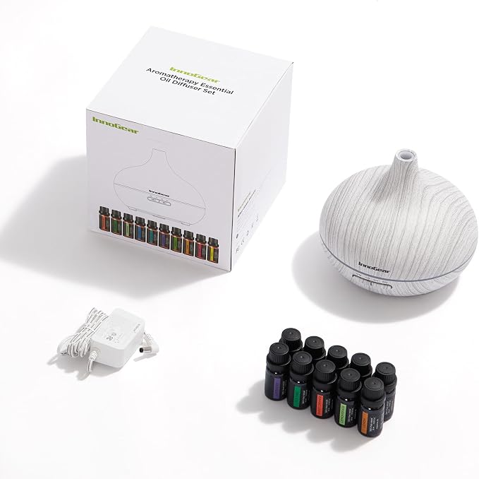 InnoGear 400ml Aromatherapy Essential Oil Diffuser 10 Oils Gift Set, Grey | Cool Mist Humidifier, Essential Oils, Ultrasonic, 4 Timers, Run up to 12hrs, Large Room, Home, Automatic Shut-Off, Quiet