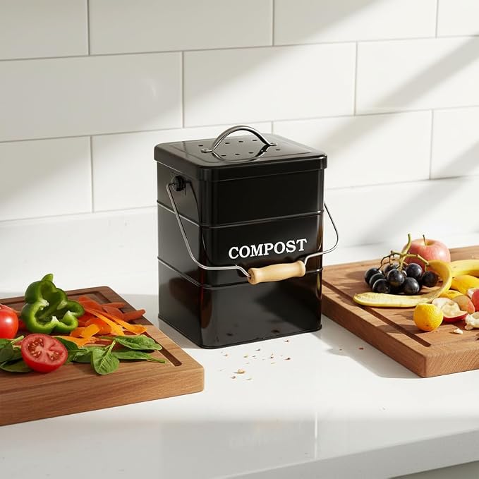 Compost Bin Kitchen Countertop Indoor Compost Pail Bucket, Great for Food Scraps, Carbon Steel, Handles, Black, 1 Gallon - Includes Charcoal Filter
