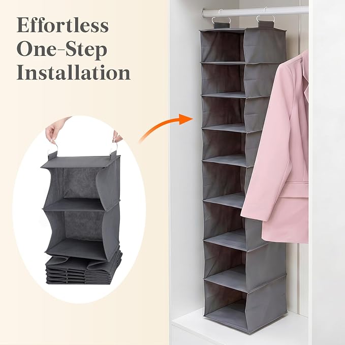 Lifewit 8 Tier Hanging Portable Closet Storage Organizer for Shelves, Black | Foldable Clothes Shelf with 2 Sturdy Hooks, Sweater/Coat/Shoes Clothing Organization for Wardrobe, Dorm, Bedroom