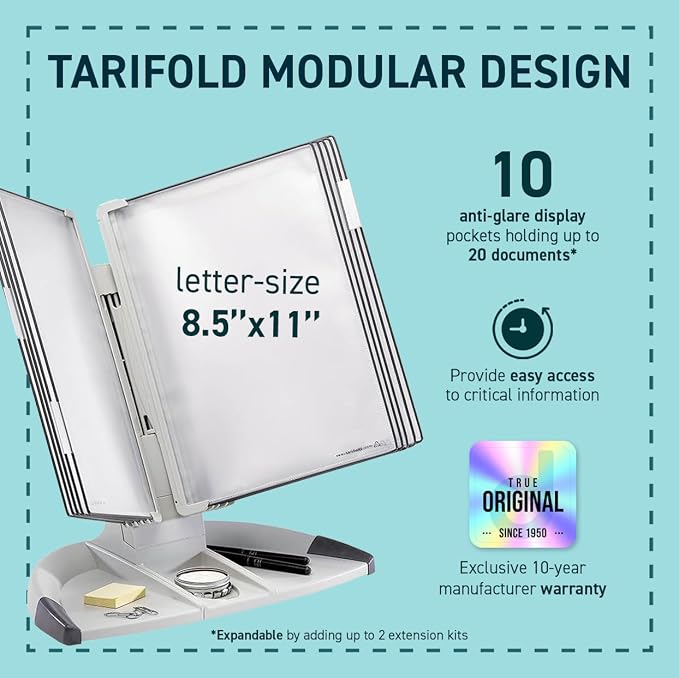 Tarifold Modular Desktop Reference System, 10 Pockets, Expandable, Gray | 10 double-sided polypropylene pockets hold 20 letter-size sheets, sturdy gray base, quick-find indexing, easy to assemble