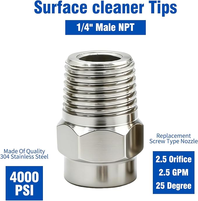 VIKKSAER 8 Pcs Stainless Steel Surface Cleaner Tips with 2.5 Orifice, 1/4'' Male NPT 4000 PSI Threaded Spray Nozzles, Surface Cleaner Tips for Pressure Washer Nozzles