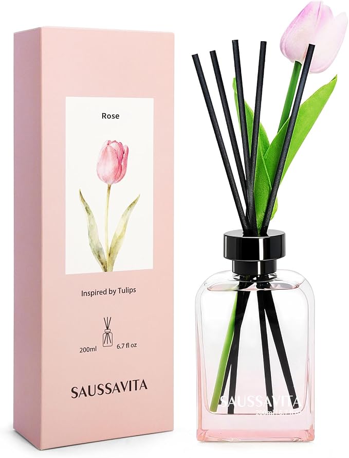 Flower Reed Diffuser Set Rose Scent 6.76 oz for 120 Days Small Spaces | Floral Scent, PinkTulip, Vintage Rectangular Bottle, Long Lasting, Narrow Spaces, Office Shelf Decor, Mothers Day Gift