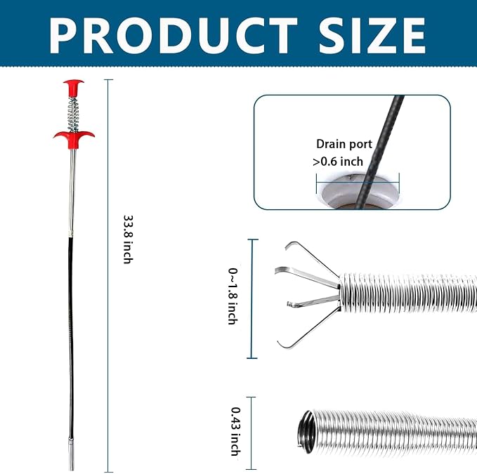 Drain Snake,33 inch Flexible Grabber Claw Pick Up Reacher Tool,Drain Clog Remover - Gutter Cleaning Tools for Home Sink, Bathroom Tub,Drain, Toilet, Tight Spaces