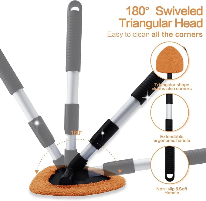 Windshield Cleaner Tool 22.5" L - Car Interior&Exterior Window Cleaning Kit with Extendable Handle&4 Microfiber Pads and Thick Large Wash Sponge,Auto Glass Wiper Brush Kit for Cars Home (7pcs Orange)