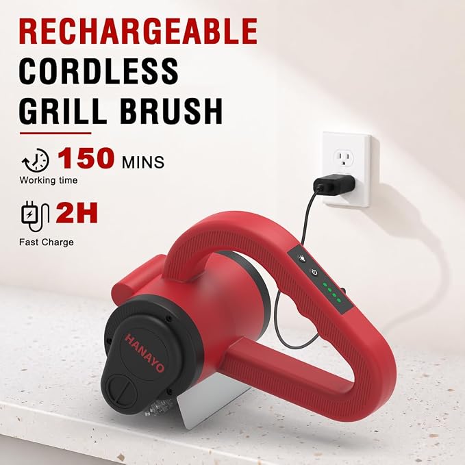 Electric Grill Brush, Rechargeable BBQ Grill Brush with High-Torque Motor, LED Light, Dishwasher-Safe Stainless Steel Rotary Brush Head,150 Mins Runtime Grill Brush for Outdoor Grill