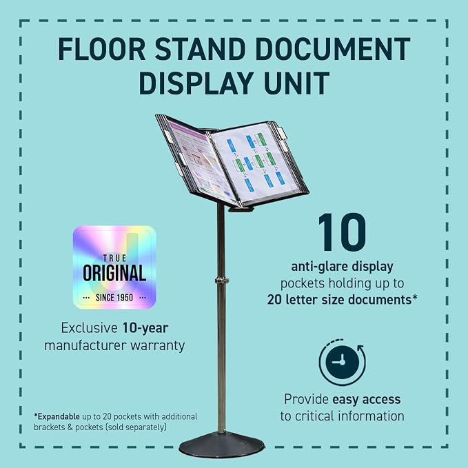 Tarifold Adjustable Floor Reference Display Stand, 10 Pockets, Black | 10 double-sided pockets hold 20 letter-size sheets, adjustable floor stand, durable metal bracket, easy to assemble