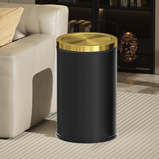 Black and Gold Bathroom Trash Can,Bathroom Garbage can with Swing Lid，Small Trash Can with Flipping Lid, 4.8gal Garbage cans for Bedroom,Living Room, Guest Room,Office,Hotel(4.7gal-Black)