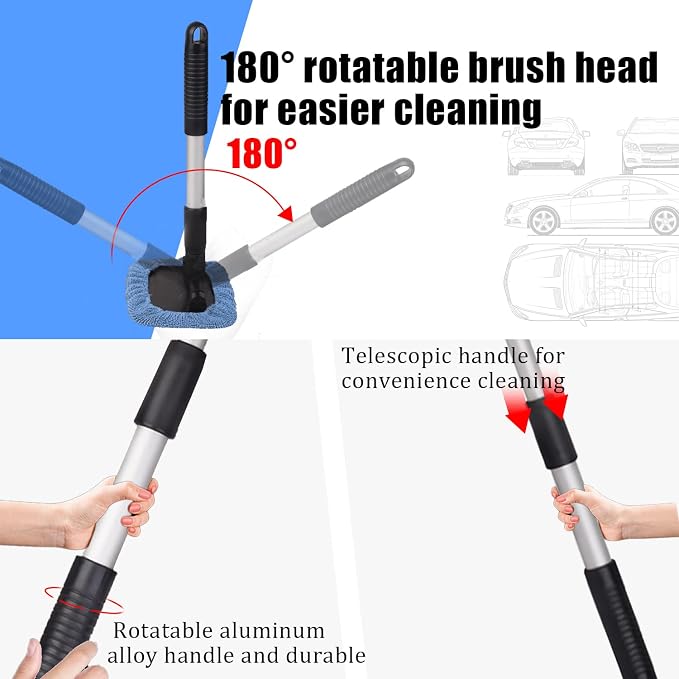 Car Glass Cleaner Wiper,Windshield Cleaning Tool, Microfiber Window Cleaner with Extendable Handle,Auto Glass Wiper Kit(Blue Square)