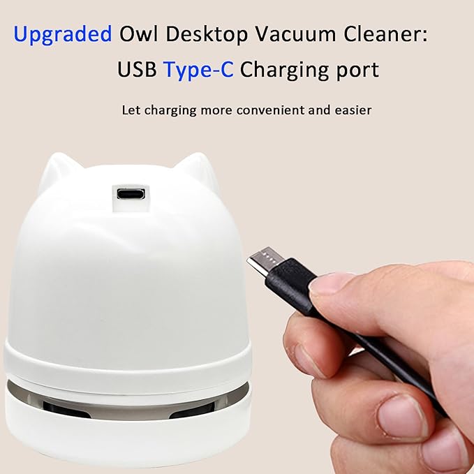 Desktop Mini Crumb Vacuum Cleaner Owl Tabletop Crumb Sweeper Vacuum USB C | Rechargeable Craft Desk Vacuum Cleaner for Glitter Paper Scraps Bread Crumbs Shavings Cookie Crumbs, Low Noise