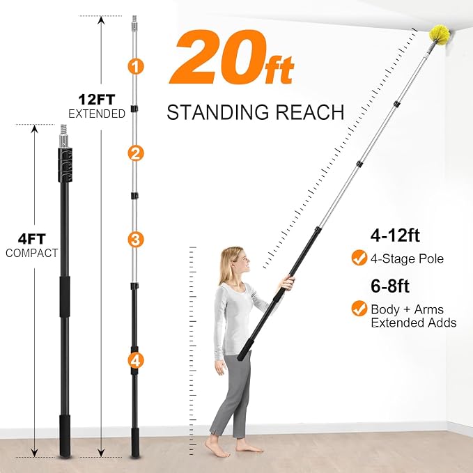 4-12Ft Cobweb Duster with 4-Stage Extension Pole for Ceiling Wall | Feather Dusters with Bristles for Outdoor Indoor, 4-Stage Spider Web Remover with Telescopic Pole for Ceiling Wall Yellow