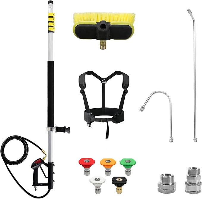 RAYNEL 24FT Telescoping Pressure Washer Wand, Power Washer Attachment | Light-Weight Aluminum Pole With Extension Wand, Gutter Cleaner, Brush Head, 5 Spray Nozzles, Support Belt & 2 Hose Adapters