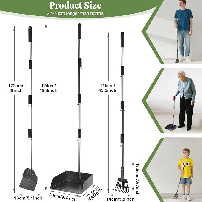 T2Y Pooper Scooper for Large Dogs, Rake & Spade & Extra Large Tray Set | 48" Tall No-Bend | 9.4'' Large Tray | Stainless Steel | Adjustable | Works on Grass, Gravel & Dirt | Easy to Install