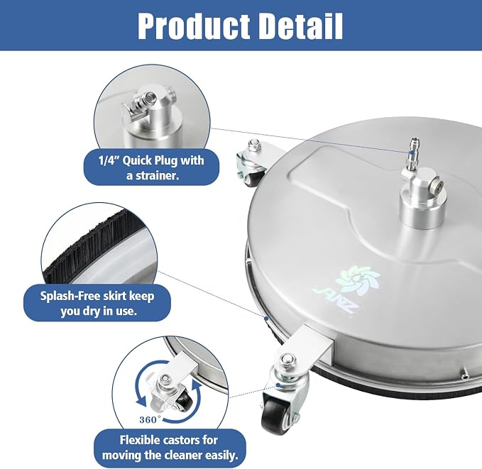 JANZ 17'' Pressure Washer Surface Cleaner | 4 Wheels, Stainless Steel Housing, 1/4'' Quick Plug, 2 Extension Wands, 2 Replacement Nozzles and 3 Spray Nozzles,4000 PSI