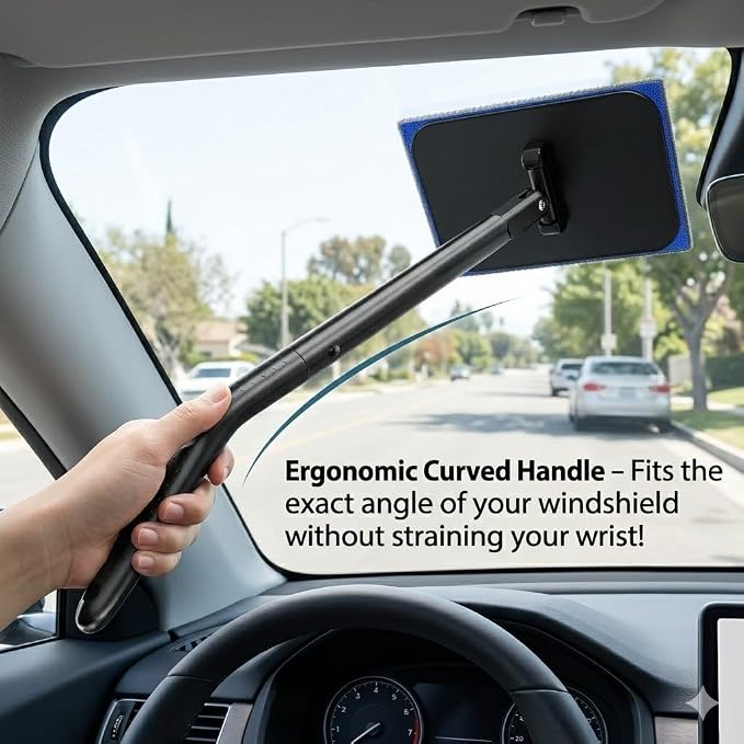Car Windshield Cleaner Tool with Extendable Handle, Inside Auto Window Glass Cleaning Kit with 5 Washable Microfiber Pads, Streak-Free Defogger Wand for Deep Dashboards & SUVs
