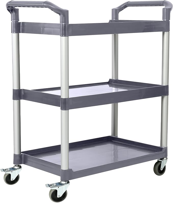 3-Tier Utility Rolling Cart with Wheels, Durable Catering carts with Wheels, Rolling Storage Cart for Hotel Canteen Resturant Office (Grey, 37" L x 16.54” W x 31.5" H) (Gray, 31.4"D x 16.5"W x 37.7"H)