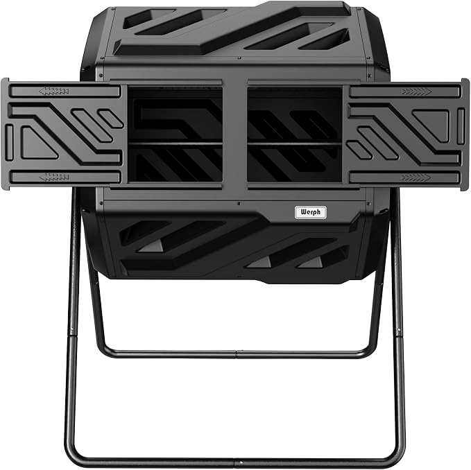 Werph 43 Gal Dual Chamber Compost Bin Tumbler for Backyard Garden, Black | Dual-chamber Design, 360° Rotating Tumbling, BPA-free Materials, Pre-assembled Parts, for Garden, Kitchen & Yard Waste