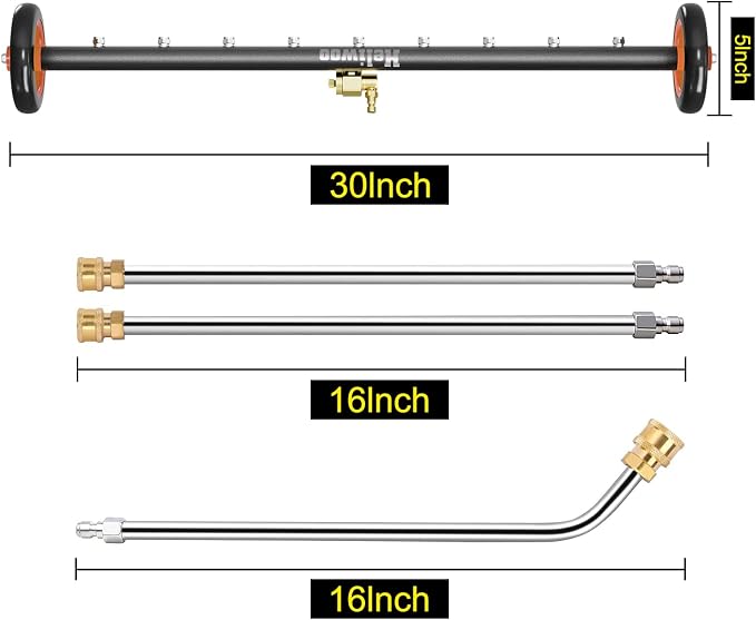 Undercarriage Pressure Washer Attachment 30 inch, Water Broom 4000 PSI | Heliwoo Dual Function Power Washer Surface Cleaner with 9 Nozzles & 3pcs 1/4’’ QC Extension Wand for Chassis Driveway Yard