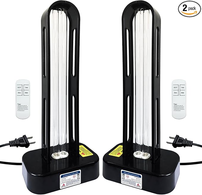 BAIMNOCM 2-Pack 38W Dual-Tube UV Lamp with Ozone & Ozone-Free Bulbs – Automatic Delay Start for Room, Basement, Office, Commercial Use
